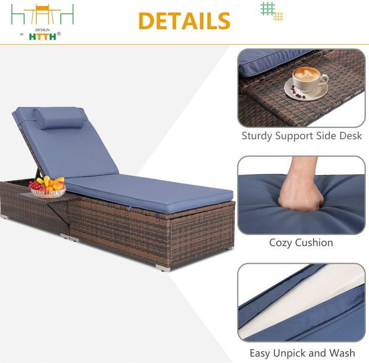 HTTH Outdoor Rattan Chaise Lounge Set with Side Table, 2 Piece Patio