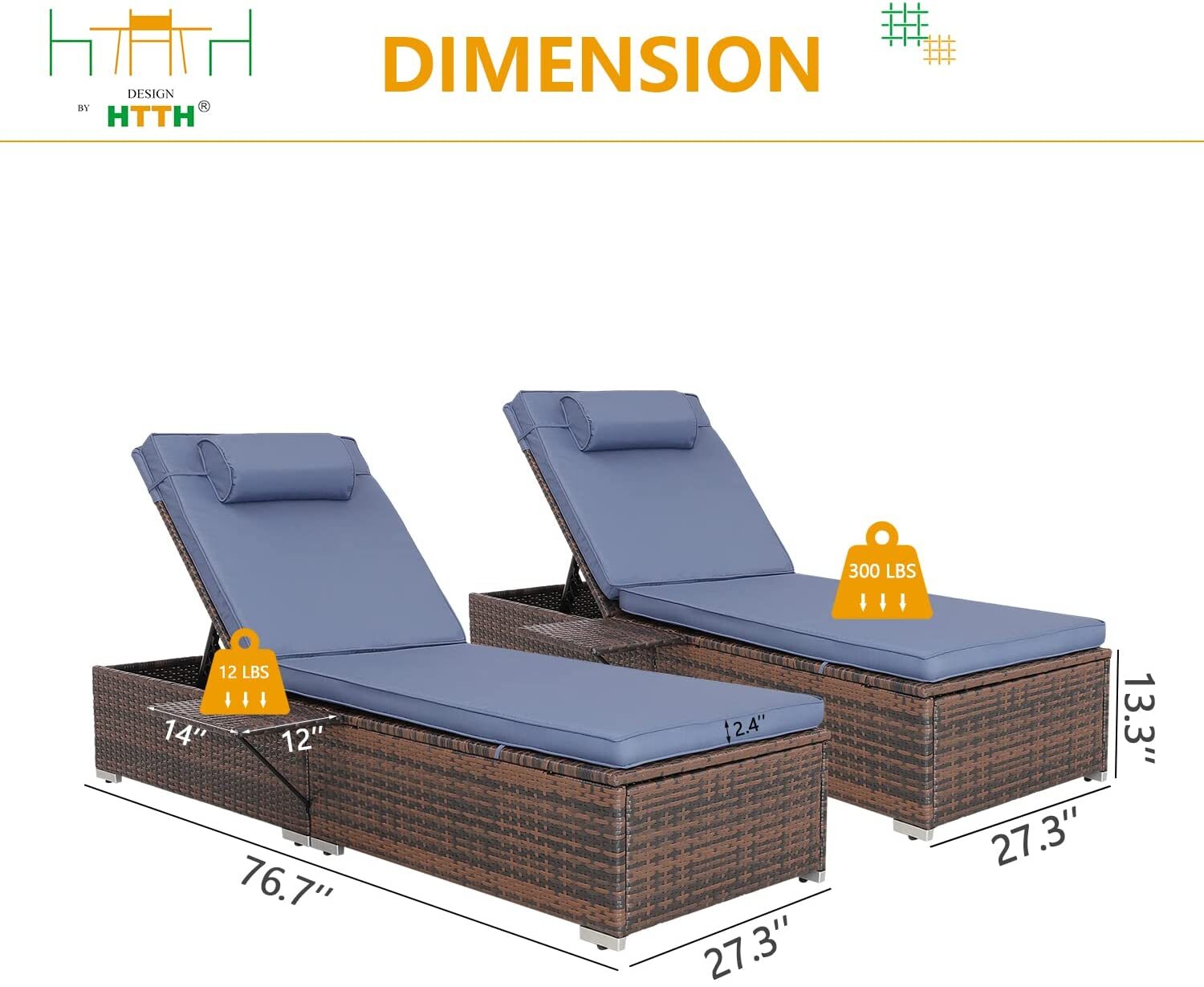 HTTH Outdoor Rattan Chaise Lounge Set with Side Table, 2 Piece Patio