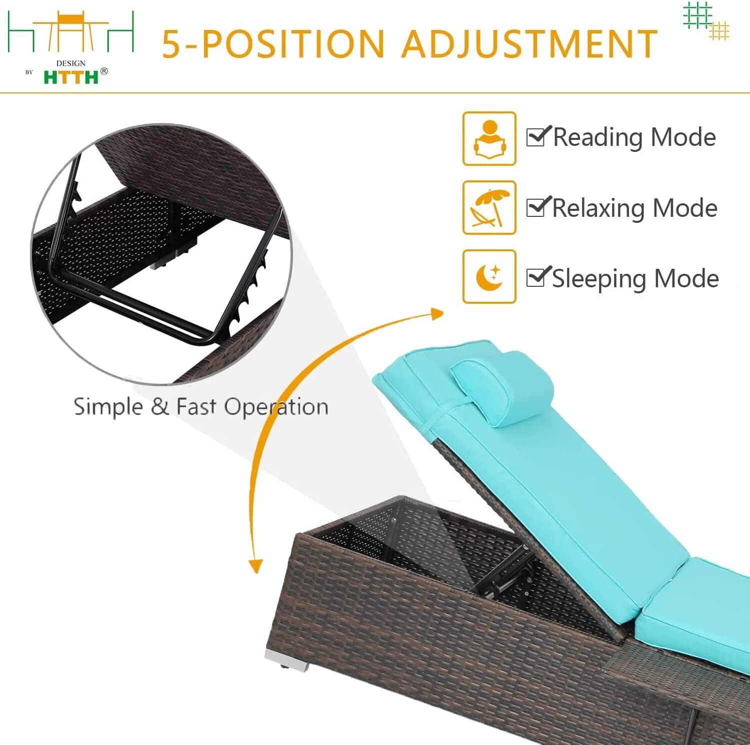 HTTH Outdoor Rattan Chaise Lounge Set with Side Table, 2 Piece Patio