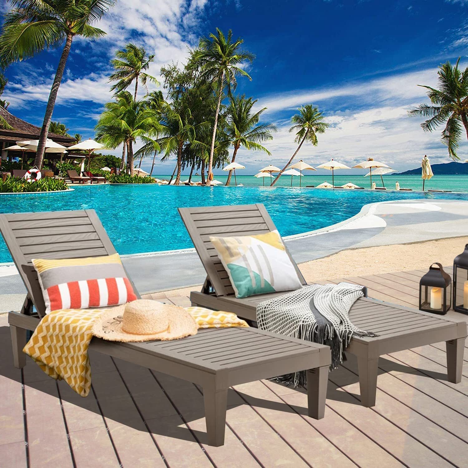 HTTH Outdoor Chaise Lounge 2 Pieces Patio Resin Lounge Chair Adjustable