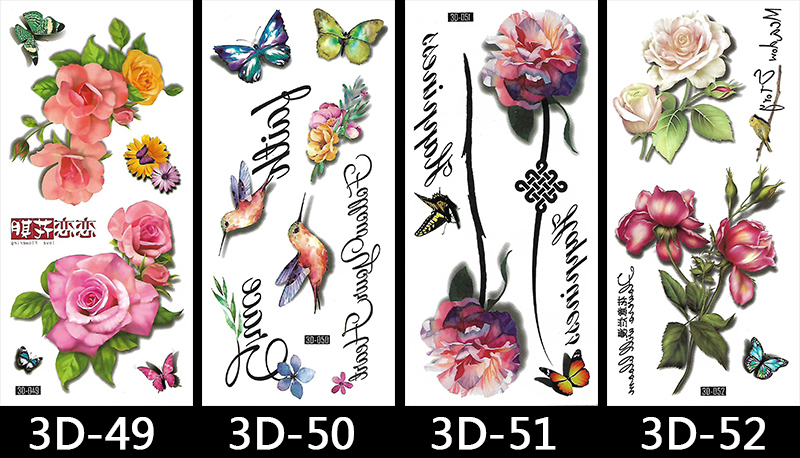 3D Beautiful Flower Butterfly Color Printing Animal Cartoon Temporary Tattoo Sticker #3D-41-61 3D Beautiful Flower Butterfly Animal Cartoon Temporary Tattoo Sticker