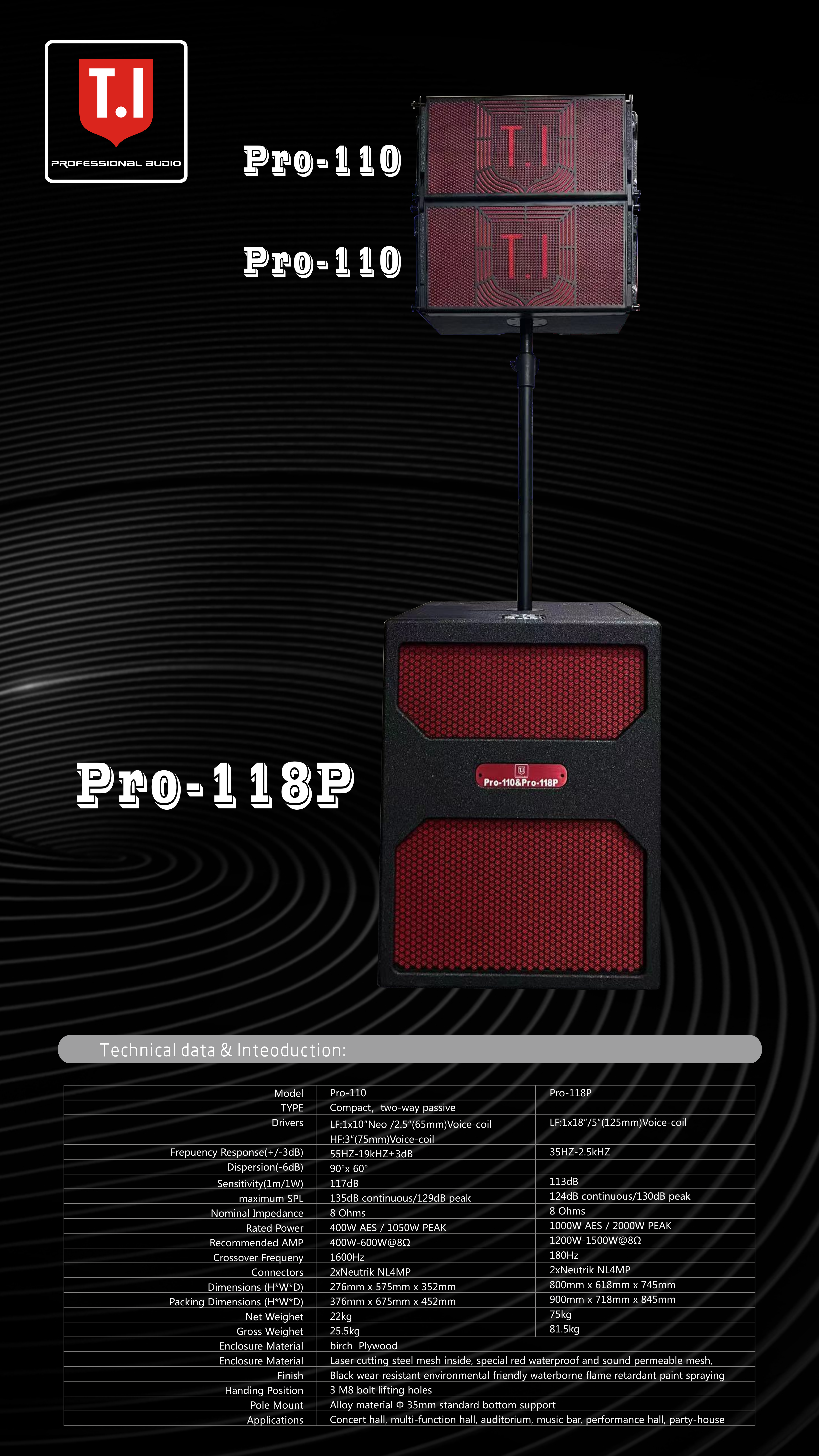 pro 110 + pro 118p single 10 inch line array sound system acitive bass 