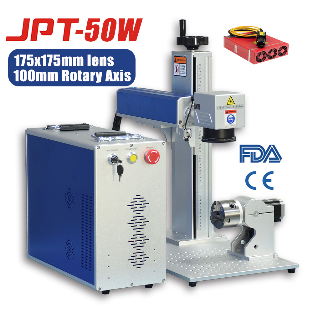 50W Fiber Laser Engraver JPT with Rotary Axis Metal Laser Engraving Machine  with Red Dot Pointer 7.9x7.9'' (200x200mm) for Metal Steel Gold Jewelry