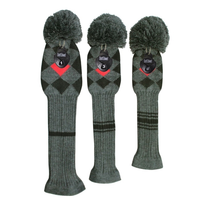 Scott Edward Knit Golf Headcovers, Set of 3 for Driver Wood, Fairway Wood and Hybrid(Grey Black