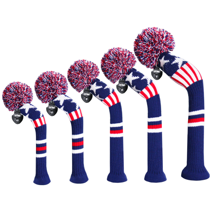 Scott Edward Knit Golf Club Cover with a Fluffy Pom, Set of 5, Blue Classy USA Stars and Stripes