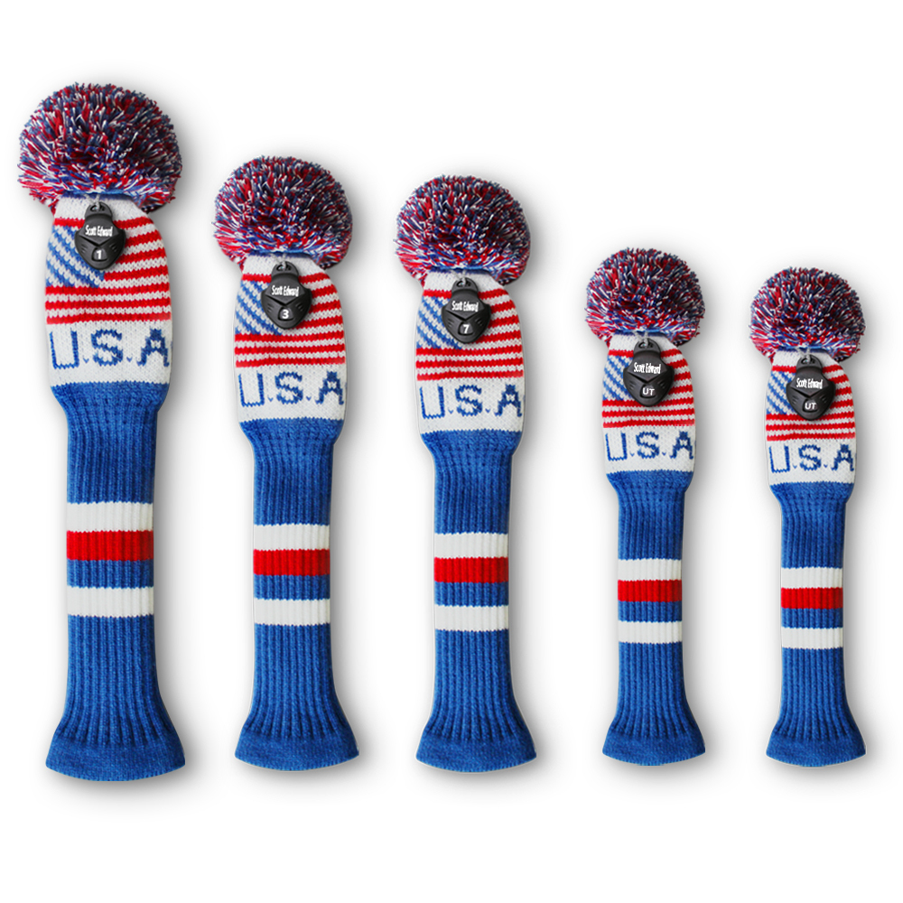 Scott Edward Knit Golf Club Cover with a Fluffy Pom, Set of 5, USA Flag