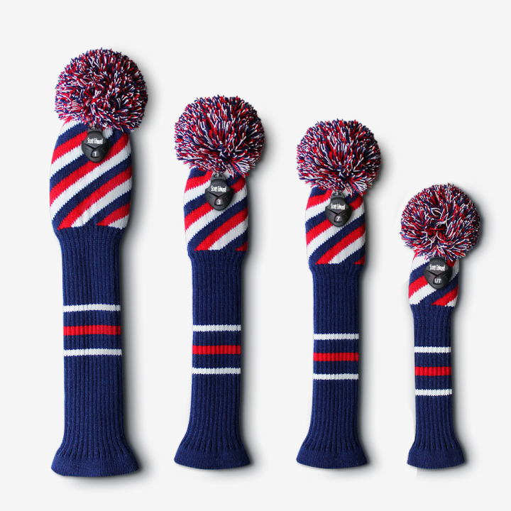 Scott Edward Knit Golf Club Cover with a Pom, Set of 4, Blue Red White