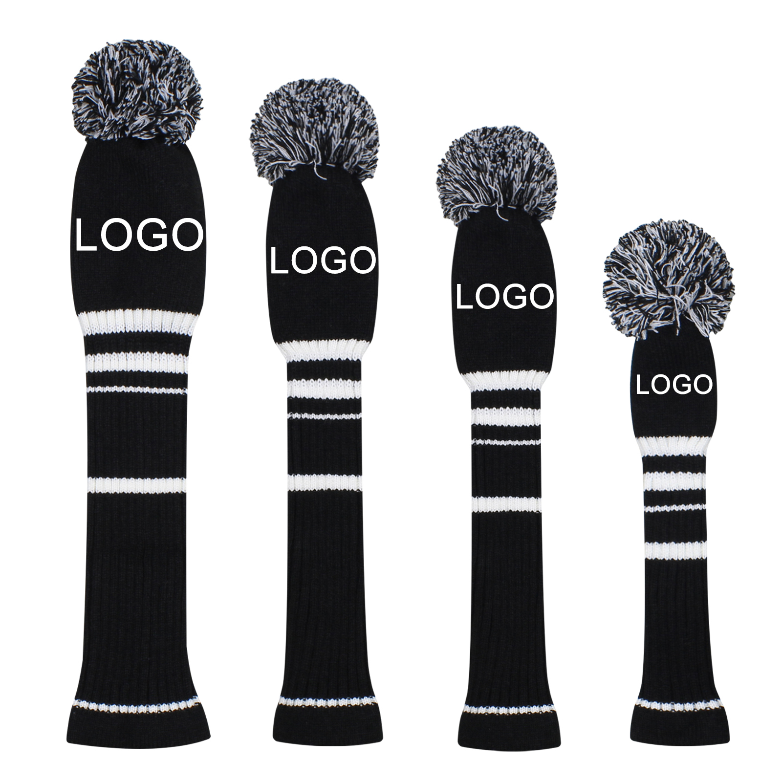 Scott Edward Custom Pom Pom Golf Head Covers Fit Max Drivers Fairways Hybrids/Utility with Rotating Number Tags (Black)