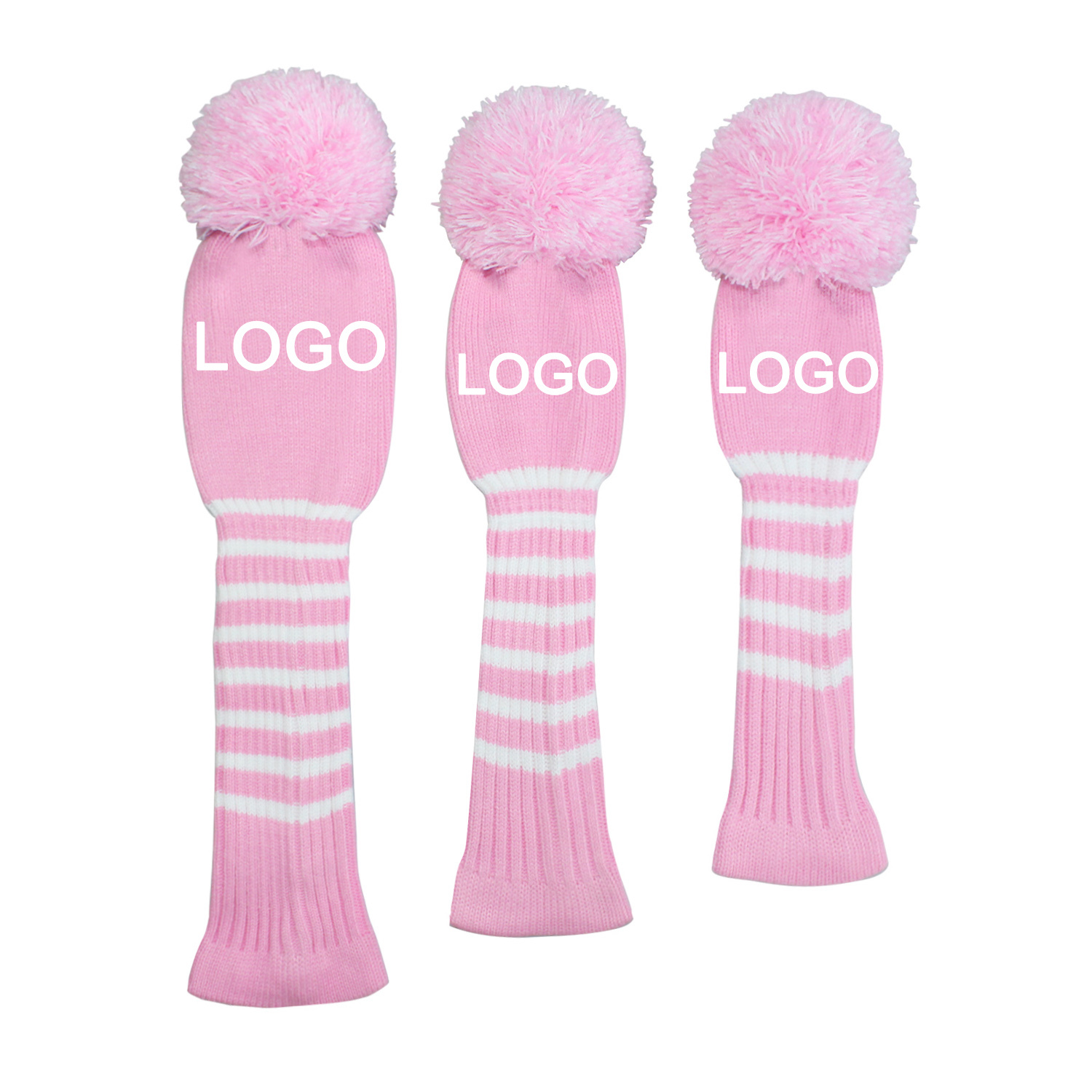 Scott Edward Custom Pom Pom Golf Head Covers Fit Max Drivers Fairways Hybrids/Utility with Rotating Number Tags (Pink)