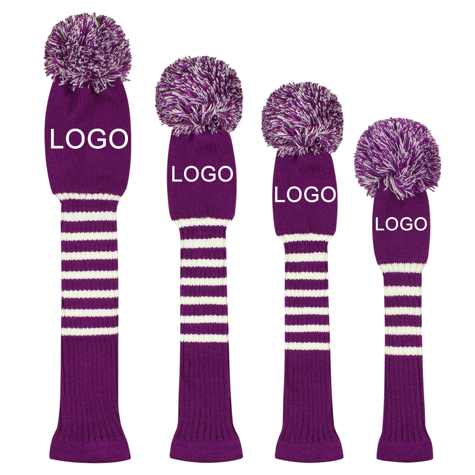 Scott Edward Custom Pom Pom Golf Head Covers Fit Max Drivers Fairways Hybrids/Utility with Rotating Number Tags (Purple)
