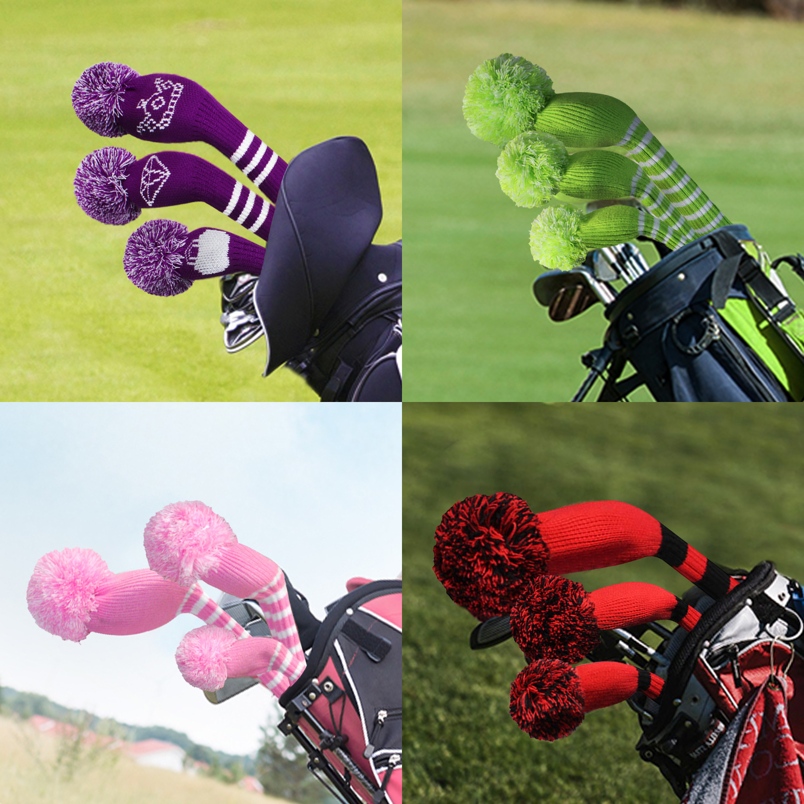 Scott Edward Custom Pom Pom Golf Head Covers Fit Max Drivers Fairways Hybrids/Utility with Rotating Number Tags (Pink)