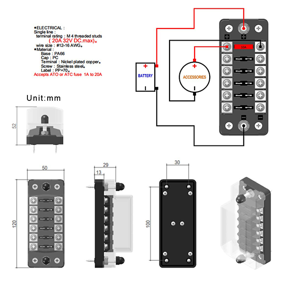 6 Way Blade Fuse Block With Negative Bus Customized Fuse Block