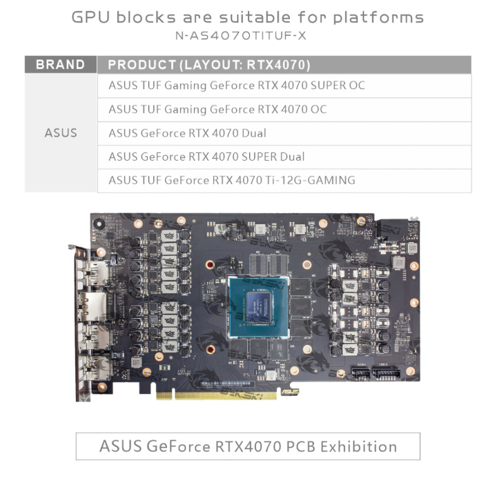 Bykski GPU Water Block For Asus TUF / Dual RTX 4070 Ti / 4070