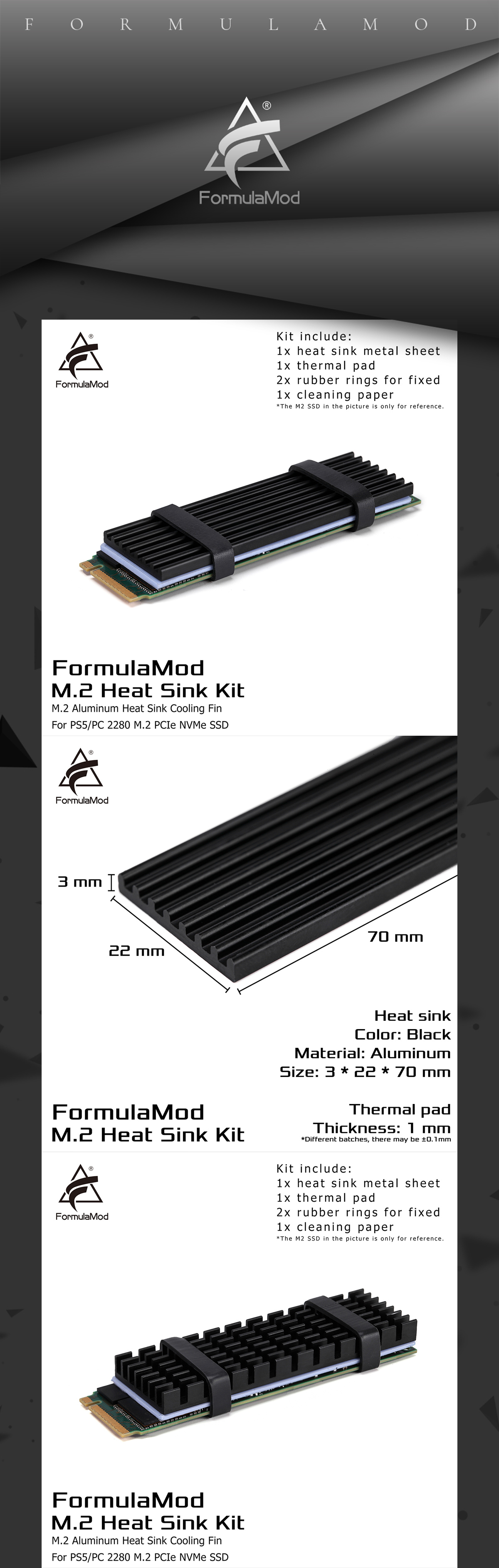 FormulaMod M.2 Heat Sink Kit, M.2 Aluminum Heat Sink Steel Cooling Fin , For PS5/PC 2280 M.2 PCIe NVMe SSD Fm-M2SRP  