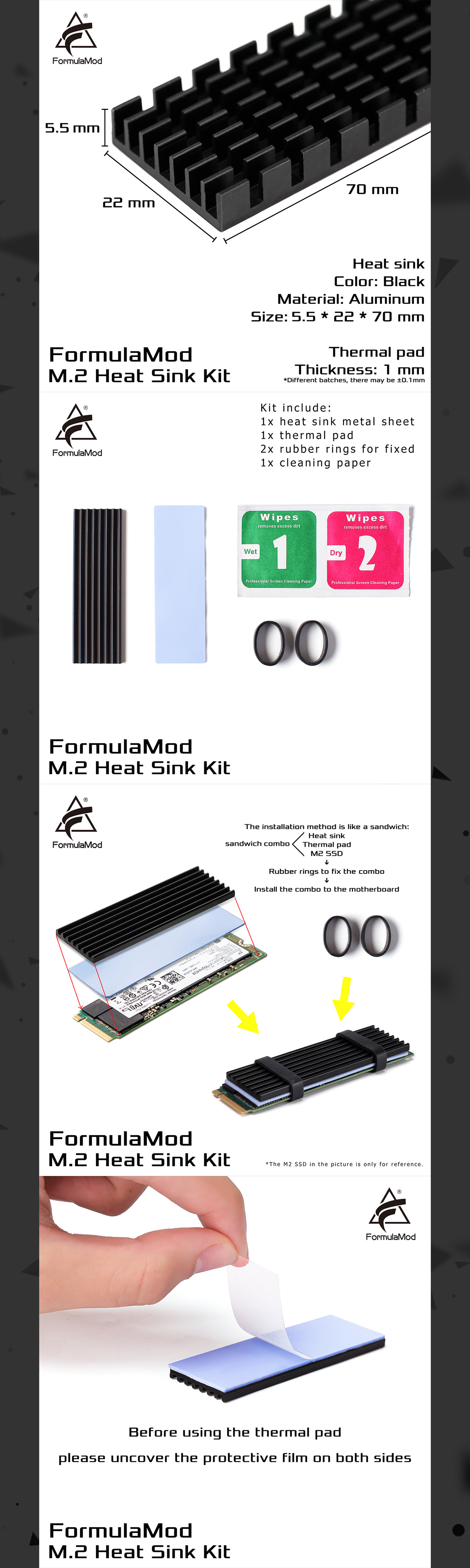 FormulaMod M.2 Heat Sink Kit, M.2 Aluminum Heat Sink Steel Cooling Fin , For PS5/PC 2280 M.2 PCIe NVMe SSD Fm-M2SRP  