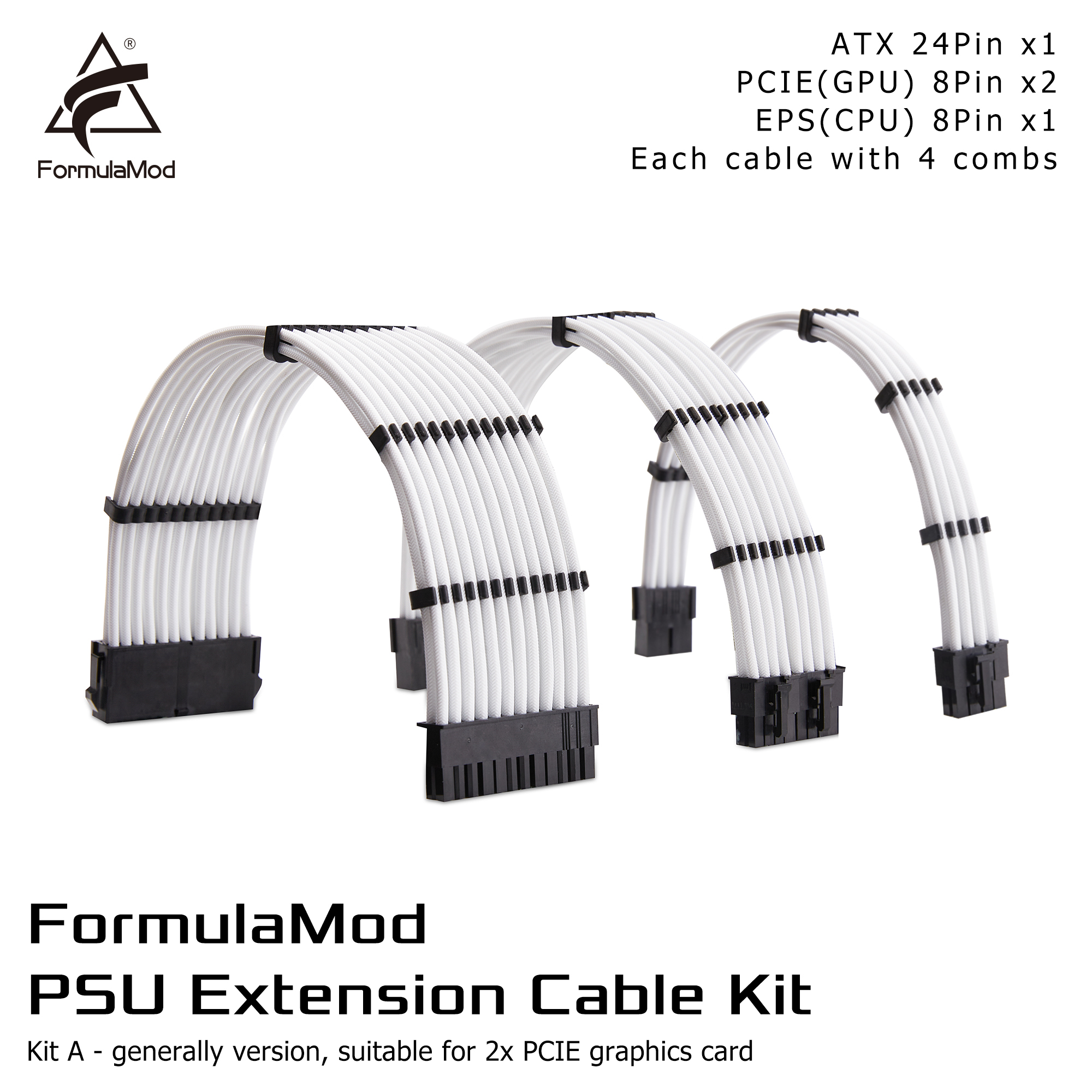 FormulaMod NCK1 Series Advanced PSU Extension Cable Kit , Solid Color Cable Solid Combo 300mm ATX24Pin PCI-E8Pin CPU8Pin With 4 Combs  