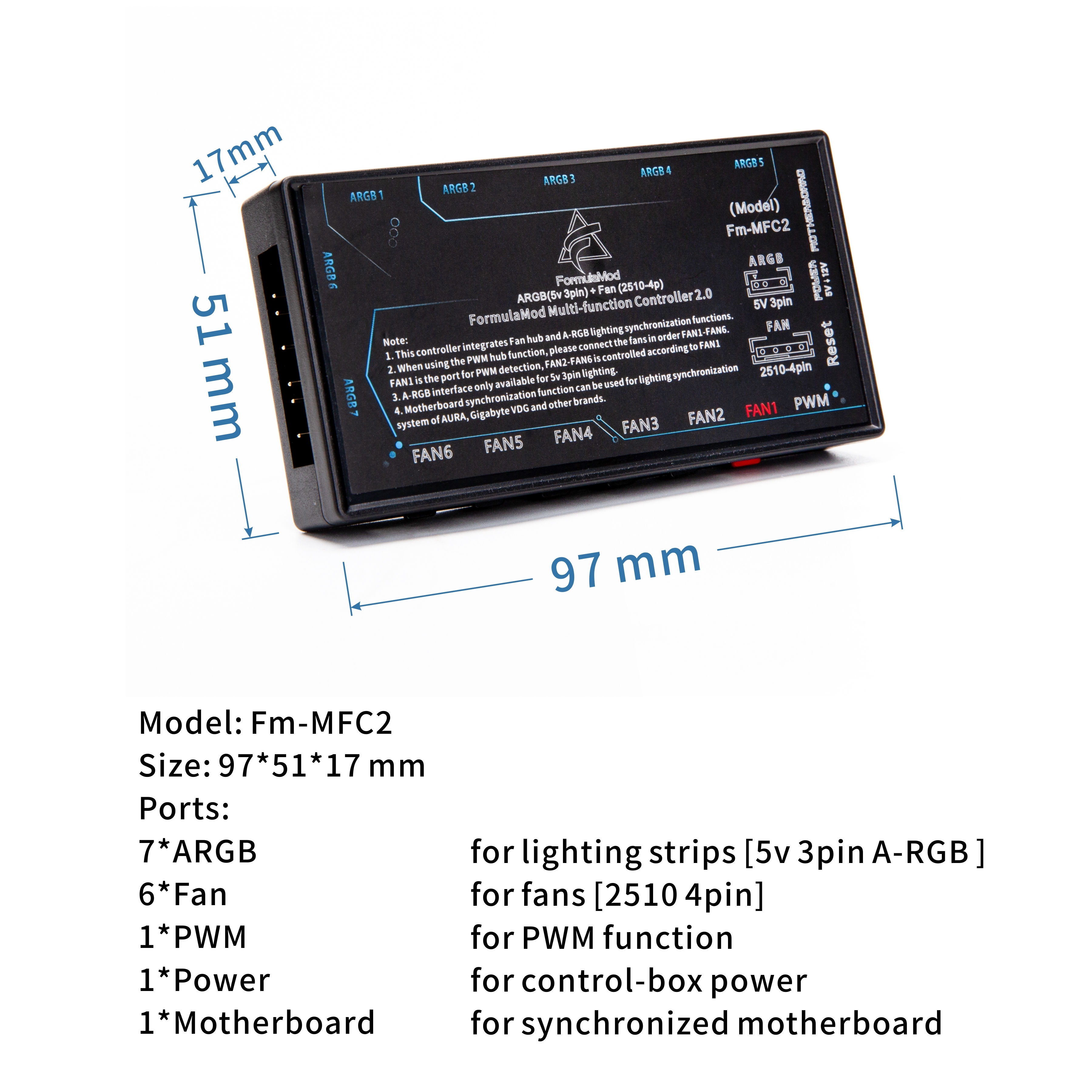 FormulaMod Multifunction Fan/Lighting Controller, For A-RGB(5v 3pin) Lighting & Fan(2510-4pin) Power/PWM, 2.0 Hub For Connecting And Syncing To Motherboard,  Fm-MFC2   