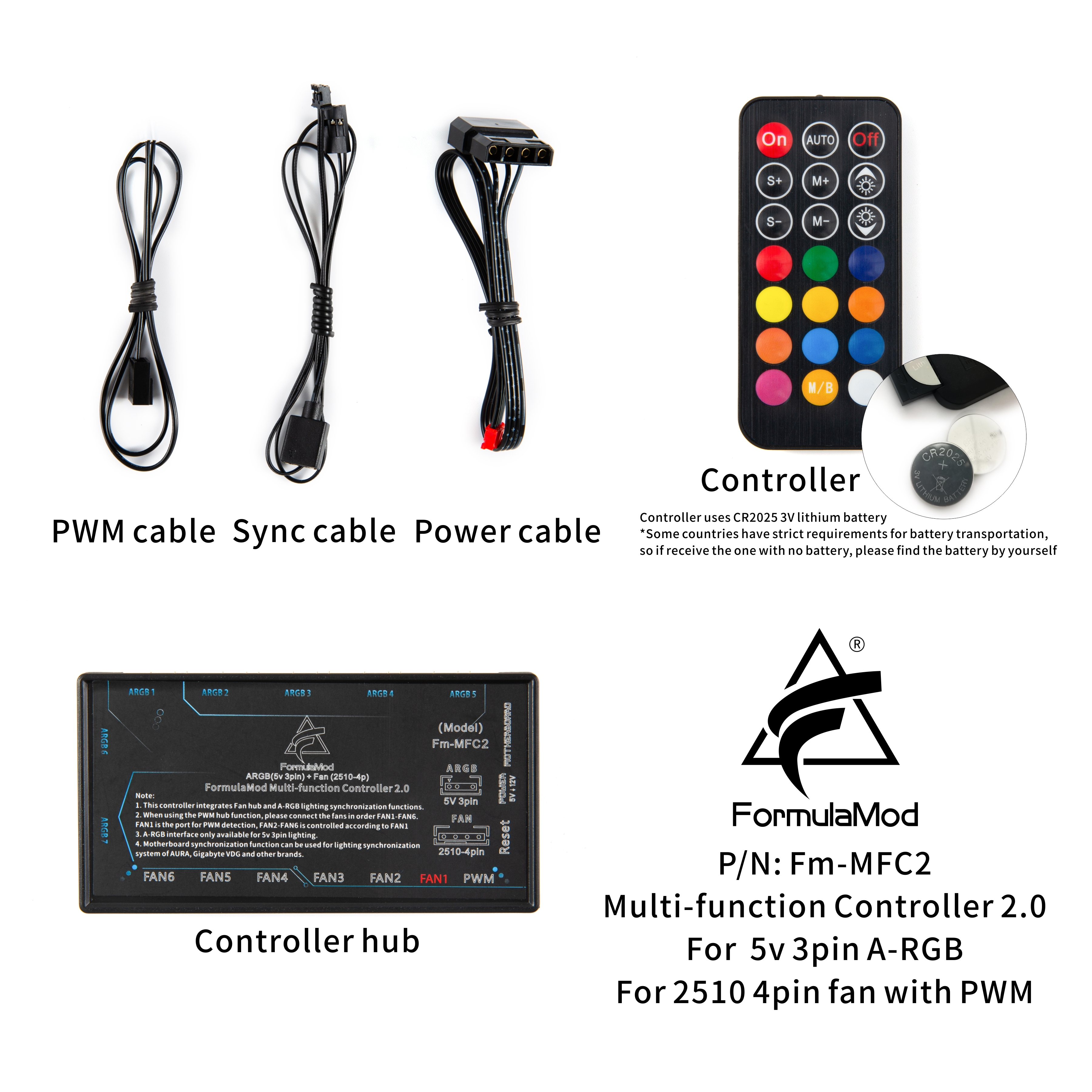 FormulaMod Multifunction Fan/Lighting Controller, For A-RGB(5v 3pin) Lighting & Fan(2510-4pin) Power/PWM, 2.0 Hub For Connecting And Syncing To Motherboard,  Fm-MFC2   