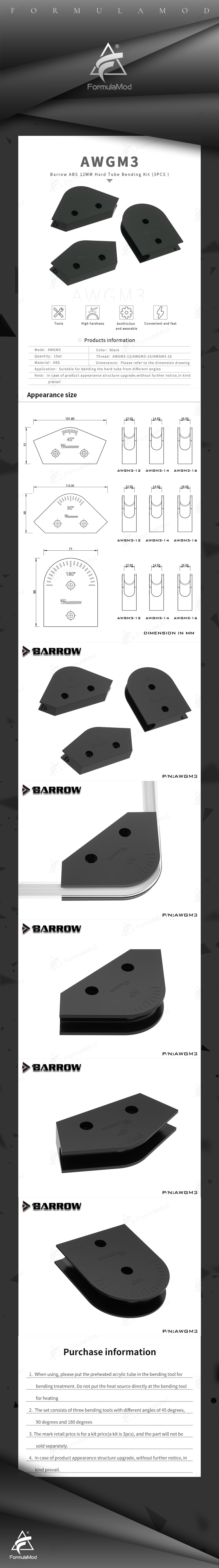 Barrow Mould For Hard Tube Bending, 45°/90°/180° Mold Bender For OD12/14/16 Acrylic/PETG Hard Tube, ABS Bending Mould Kit, AWGM3  