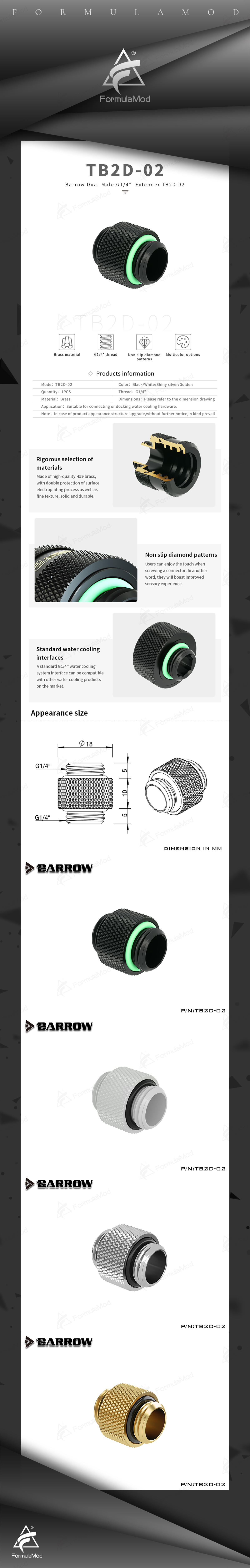 Barrow Male To Male Fitting, G1/4'' Connection Adapter,Water Cooling Fitting, TB2D-02  
