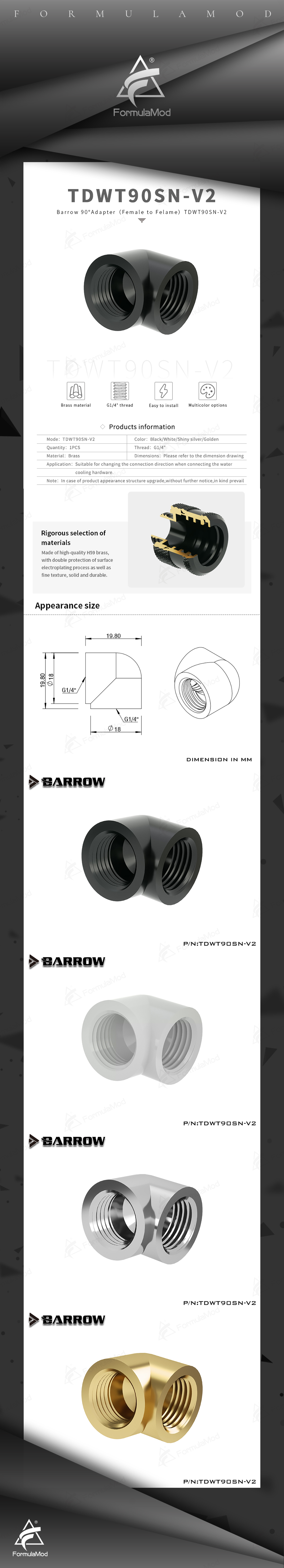 Barrow Double Internal G1/4'' Thread 90 Degree Fitting Adapter Water Cooling Adaptors Water Cooling Fitting, TDWT90SN-V2  