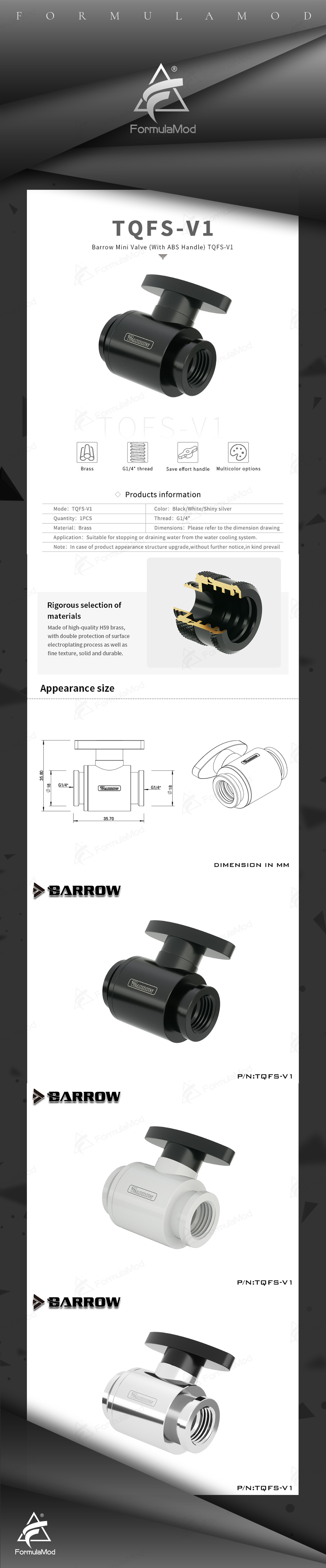 Barrow G1/4 MINI Handle Double Internal Sealing Ball Valve, Plastic Handle, Brass Body, TQFS-V1  
