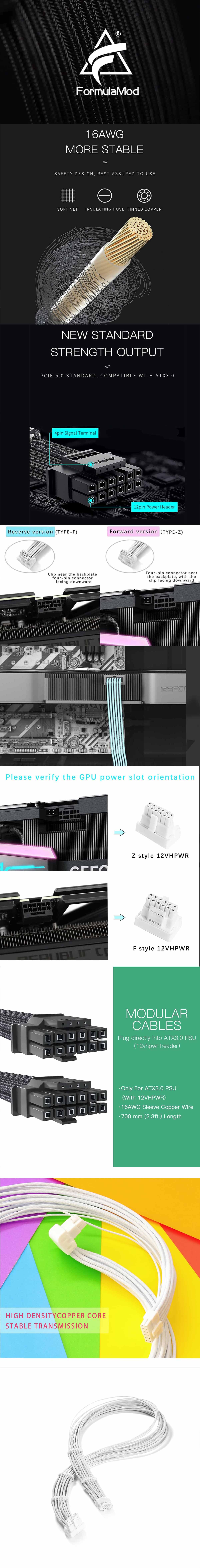 Formulamod 16AWG 12VHPWR 90 Degree PSU Sleeved Cable,27.5inch PCI-e 5.0 16Pin (12+4) Male to Male Power Supply Cable for RTX 3090Ti/4070Ti/4080/4090 with Combs   