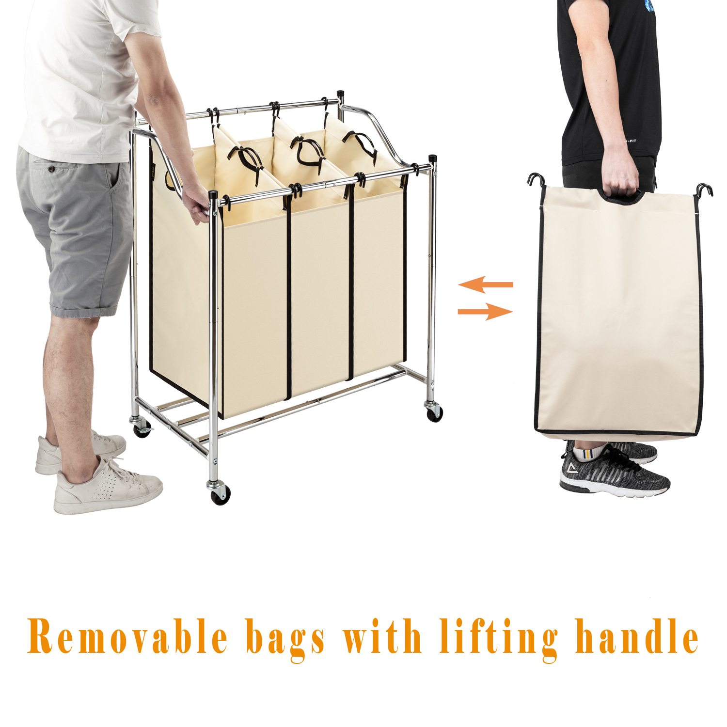 3 Bag Laundry Sorter Cart On Wheels Heavy Duty Mobile Laundry Hamper With Removable Bags Chrome