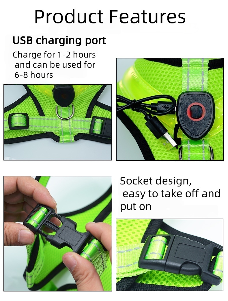 USB Rechargeable LED Dog Harness USB Rechargeable LED Dog Harness USB charging pet safety harness,LED illuminated harness for dogs and cats,breathable reflective dog harness,night visibility pet harness rechargeable