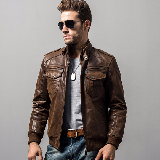 Men's Borwn Leather Denim Jacket with Faux Fur Lining MXGX292