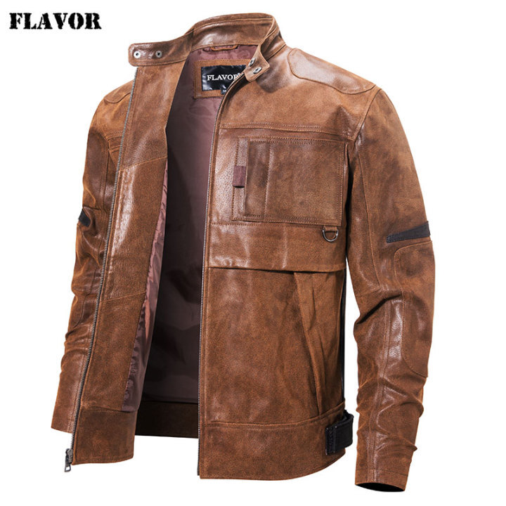 2020 Men's Genuine Leather Motorcycle Jacket Brown Leather Jacket