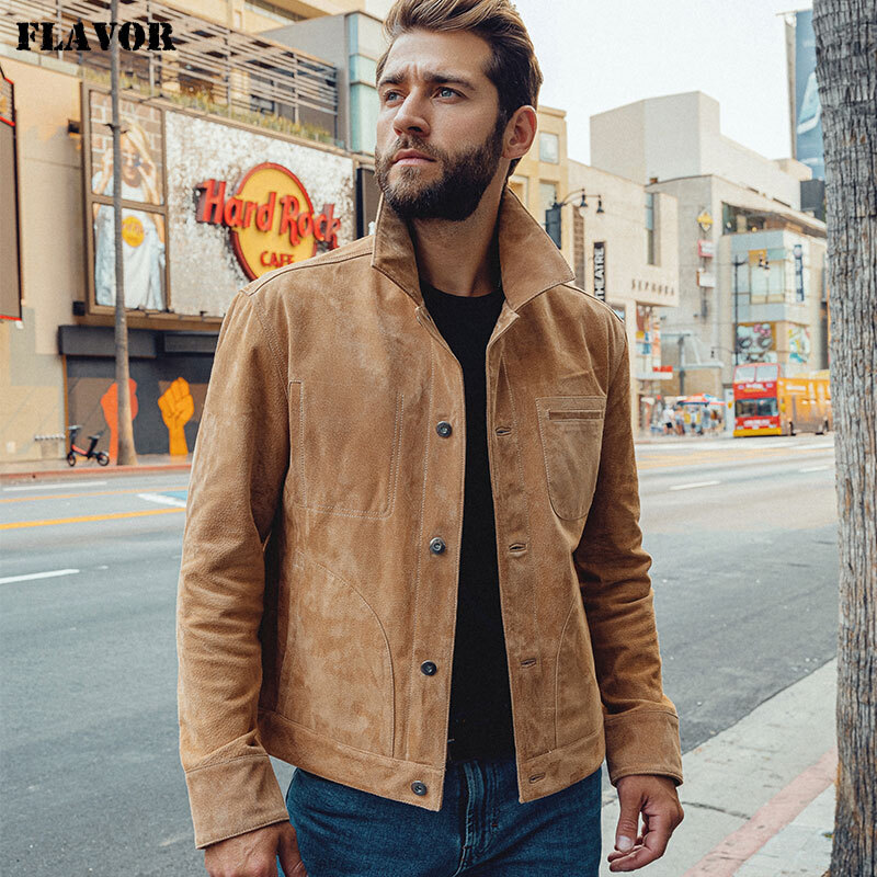 FLAVOR Men's Suede Genuine Leather Jacket Trucker Coat