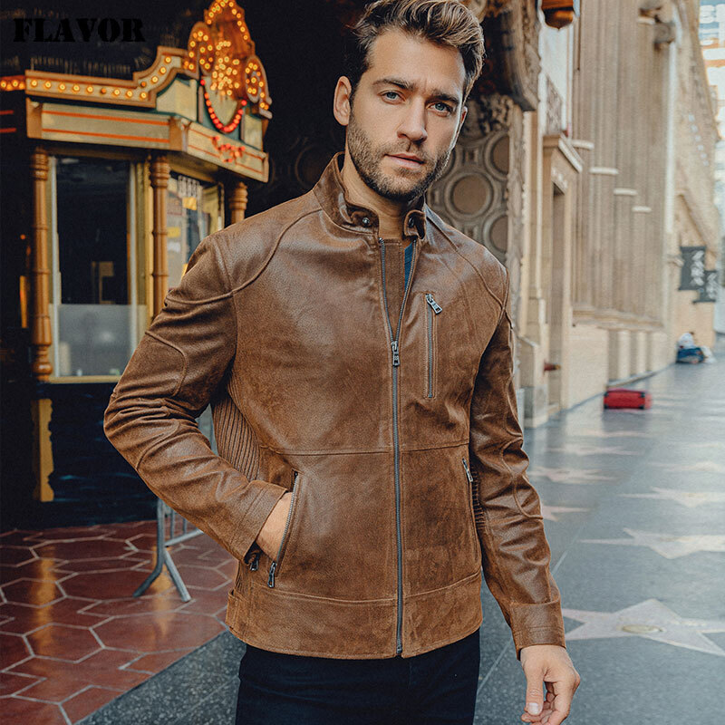 New Real Leather Jacket with Pigskin Leather Denim Jacket Brown Coat For  Men MXGX20-9