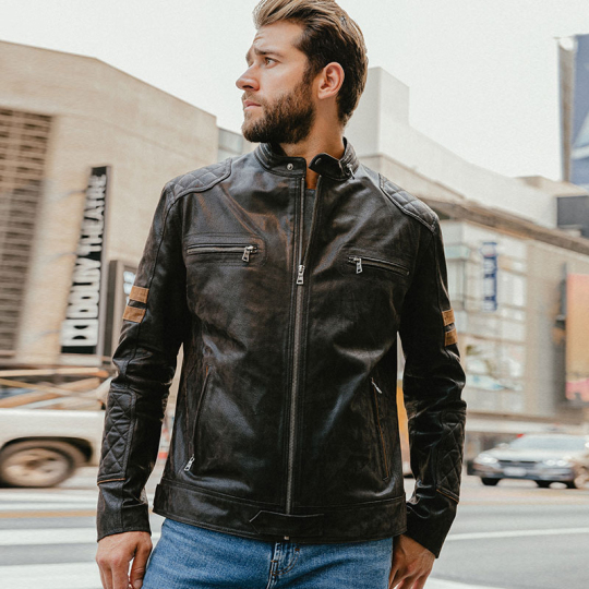 Men's Borwn Leather Denim Jacket with Faux Fur Lining MXGX292