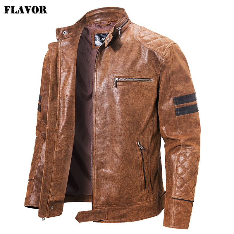 New Men's Motorcycle Genuine Leather Jacket Warm Real Pigskin Leather ...
