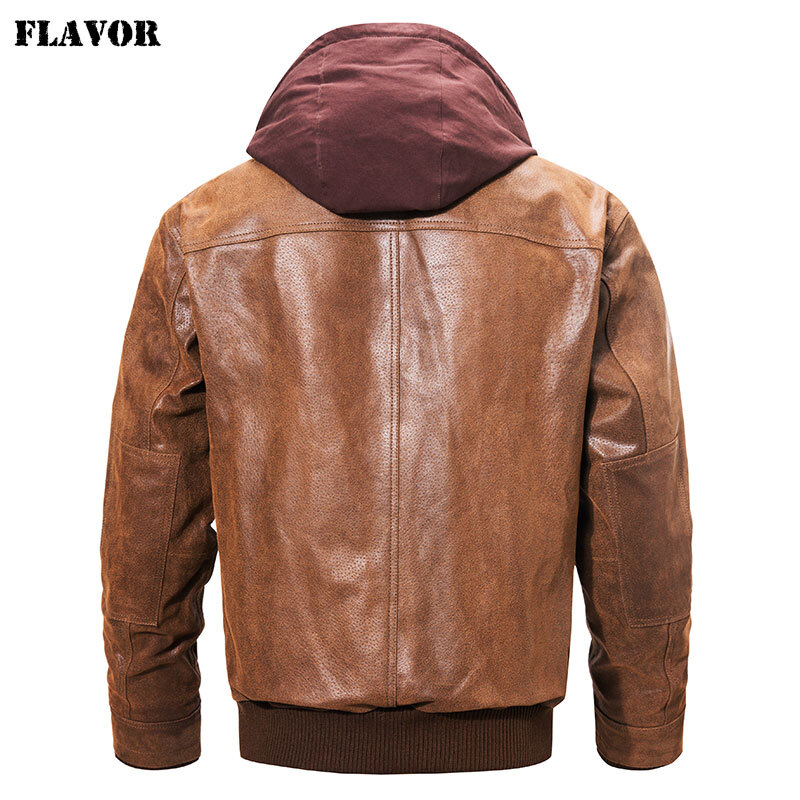 Men's Distressed Brown Leather ‘Utility Pocket’ Vented Jacket with  Removable Hoodie