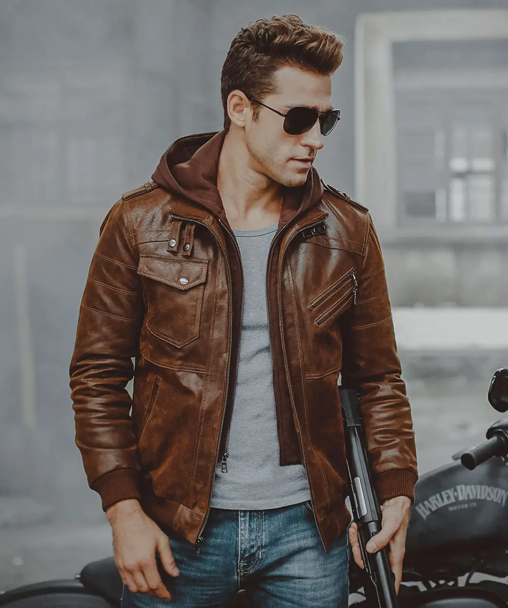 FLAVOR Men Brown Leather Motorcycle Jacket with Removable Hood