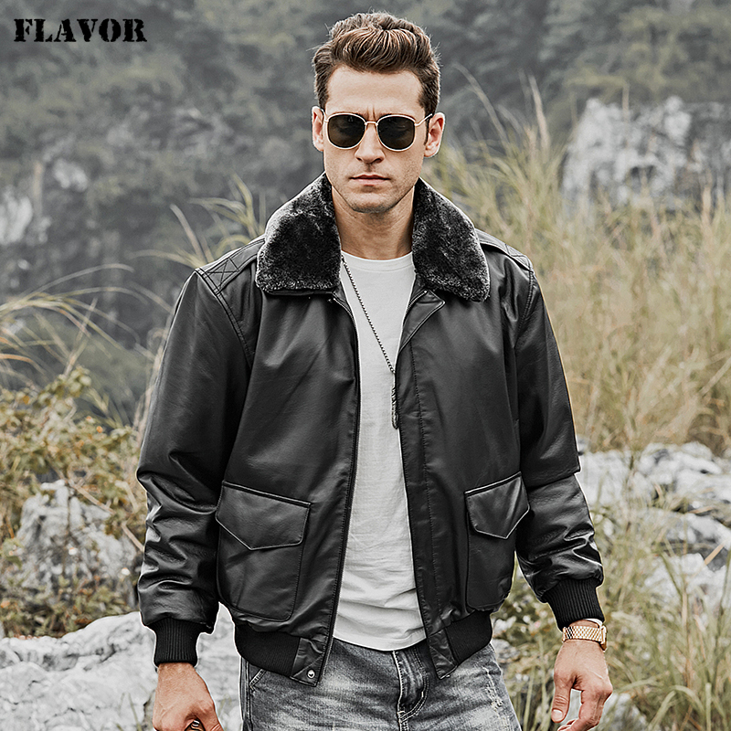 FLAVOR Men's Real Leather Bomber Jacket Lambskin Pilot Air Force