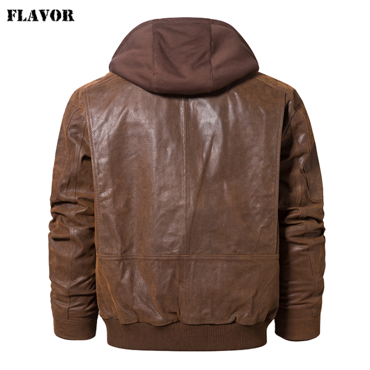 FLAVOR Men's Real Leather Jacket Pigskin Motorcycle Removable