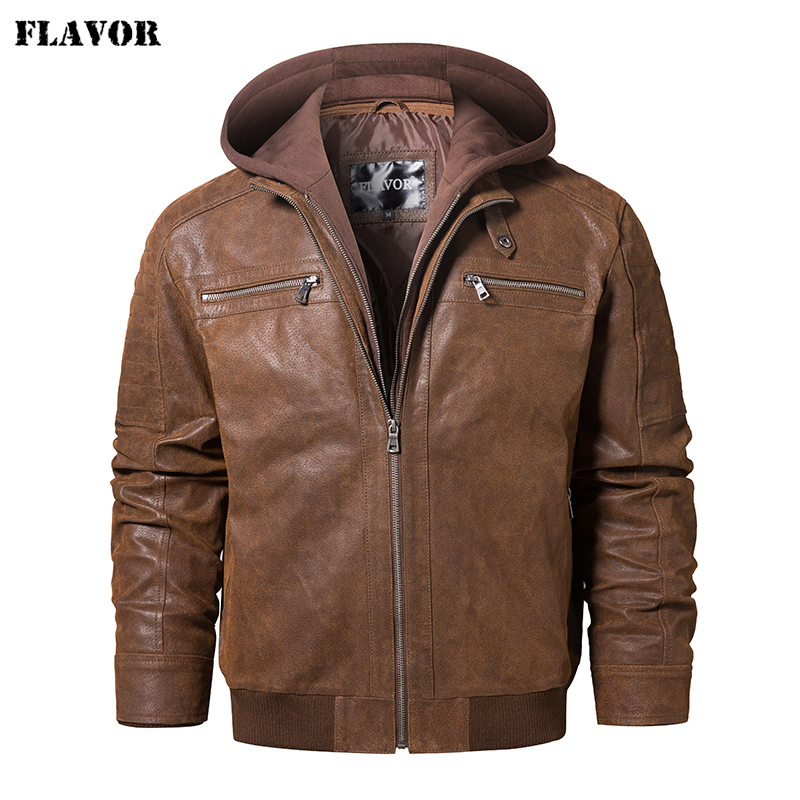 FLAVOR Men's Real Leather Jacket Pigskin Motorcycle Removable