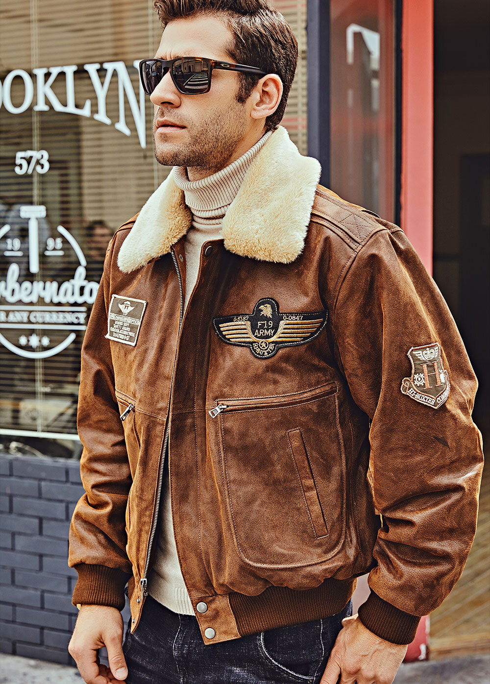 FLAVOR Men's Real Leather Bomber Jacket with Removable Fur Collar Aviator  (Small, Brown) at  Men's Clothing store