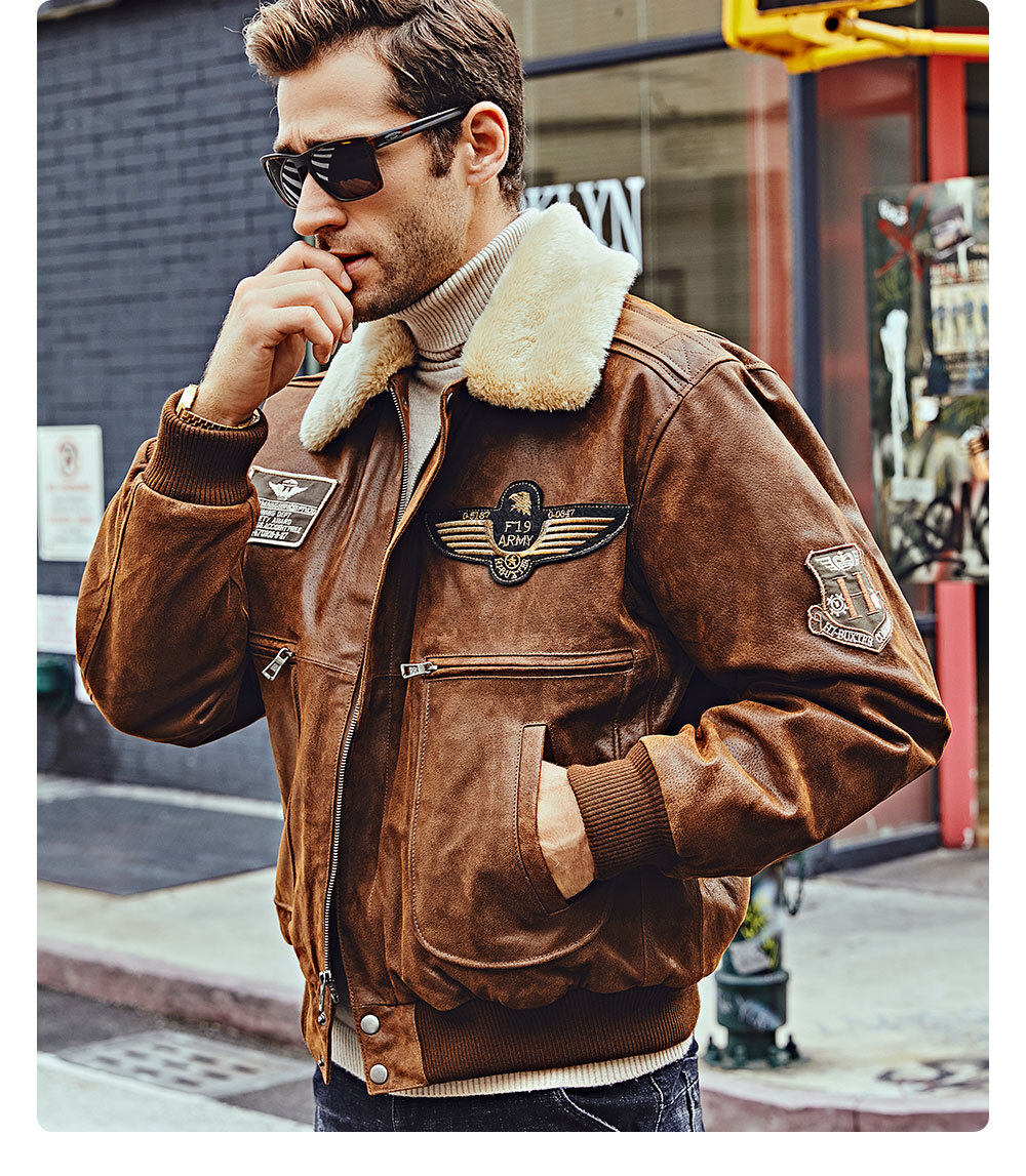 FLAVOR Men's Real Leather Bomber Jacket with Removable Fur Collar Aviator  at  Men’s Clothing store