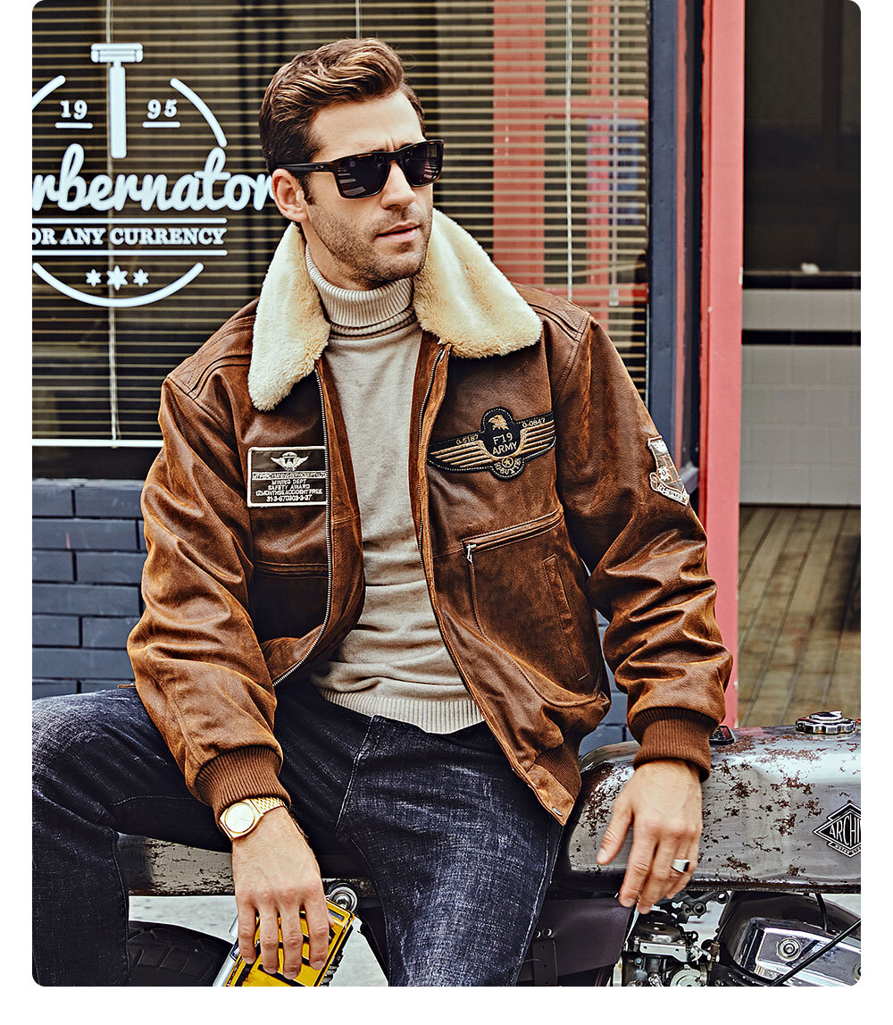 Flavor Men's Real Leather Bomber Jacket with Removable Fur Collar Aviator