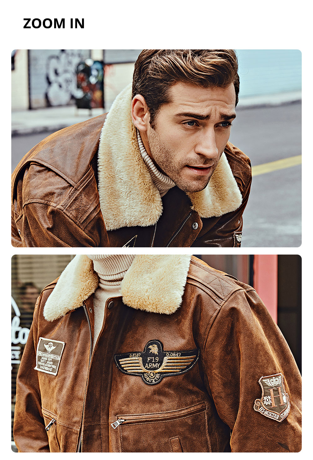 Flavor Men's Real Leather Bomber Jacket with Removable Fur Collar Aviator