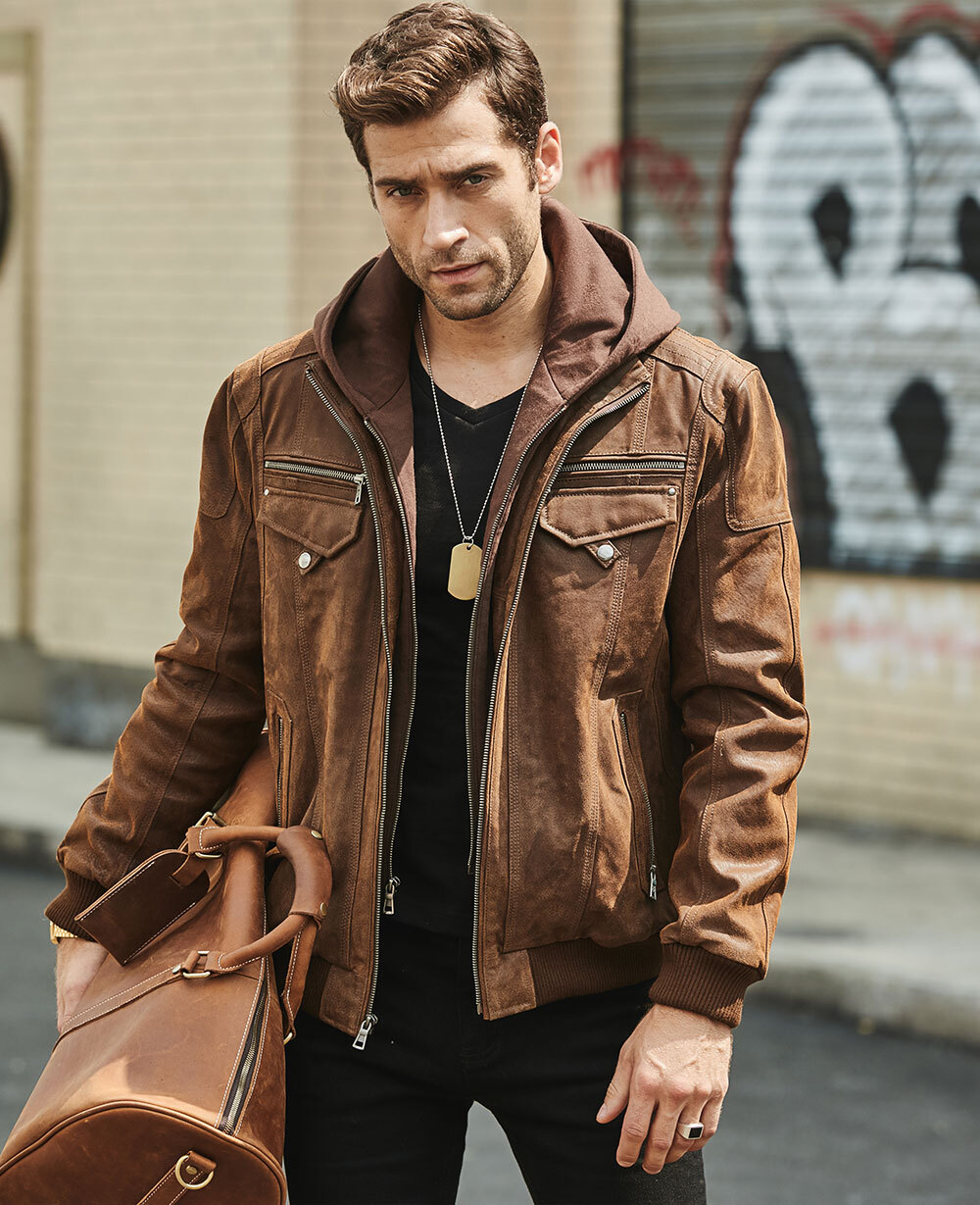 FLAVOR Men Brown Leather Motorcycle Jacket with Removable Hood at   Men’s Clothing store