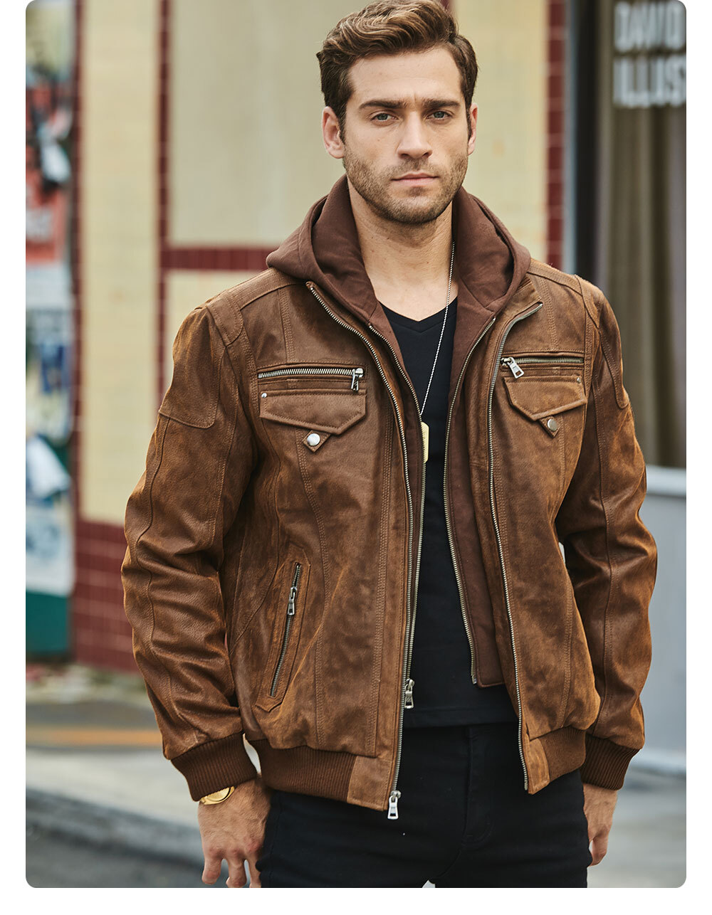 Men's Leather Removable Hooded Jacket Rib Trim MXGX282 Buy removable hooded leather moto jacket| leather removable hooded jacket brands