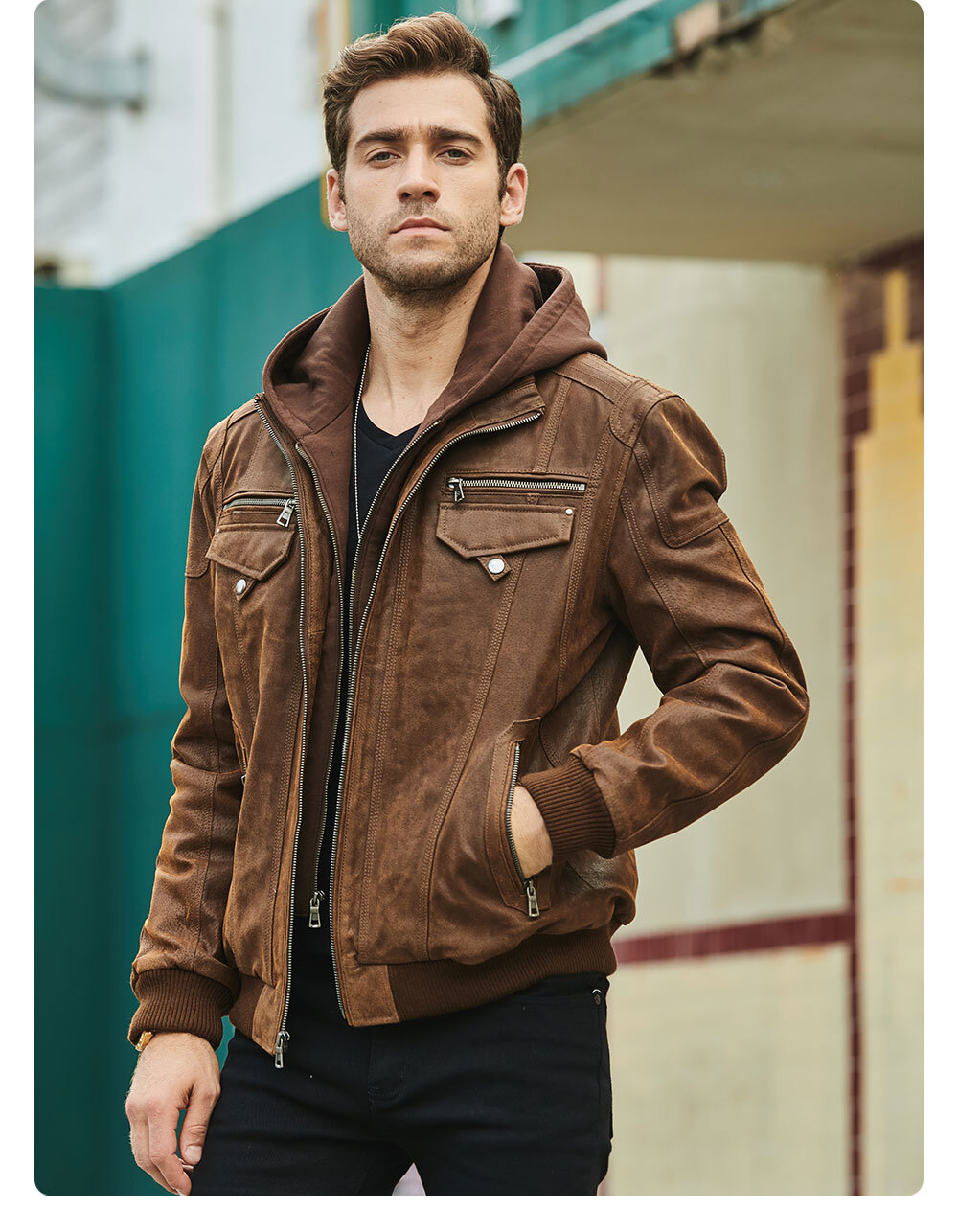 Men's Leather Removable Hooded Jacket Rib Trim MXGX282 Buy removable hooded leather moto jacket| leather removable hooded jacket brands