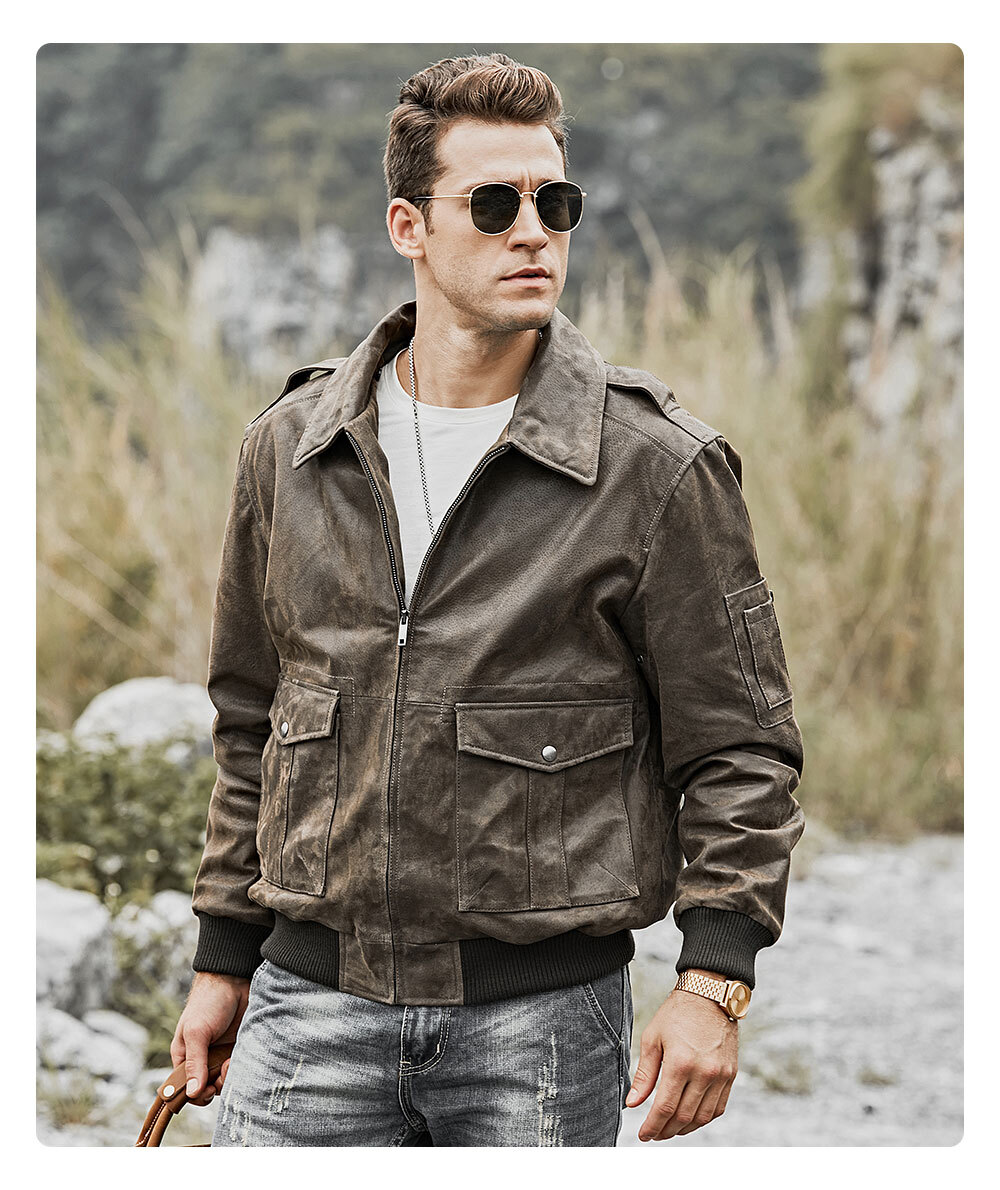 Men's Leather Bomber Jacket Aviator US Flag Printed M2015-87 Buy lambskin leather biker jacket| buy men's bomber leather cowhide jacket