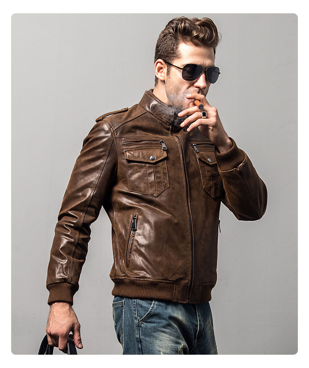 Men's Vintage Genuine Leather Biker Jacket M2016-116 Buy genuine jacket brown biker| lambskin leather bomber jacket brands