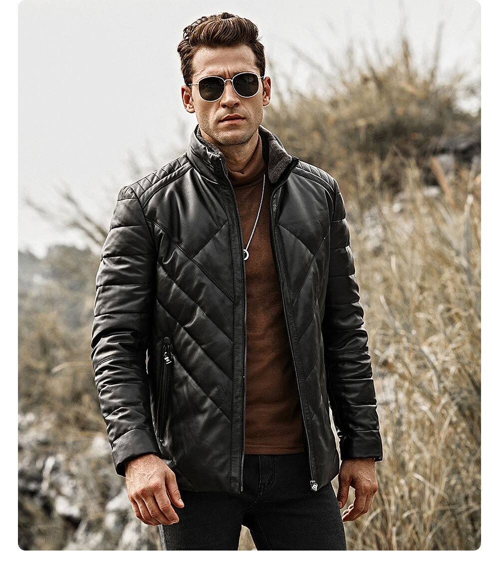 Men's Puffer Coat Leather Jacket Stand Collar Fur Collar 190 Buy lambskin leather bomber jacket| buy puffer hooded removable jacket